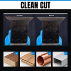 Before and after: a worn multitool blade resharpened with the SharpTool 2.0 Clean Cut fine CBN grinding head, dull teeth restored to a sharp, clean cutting edge